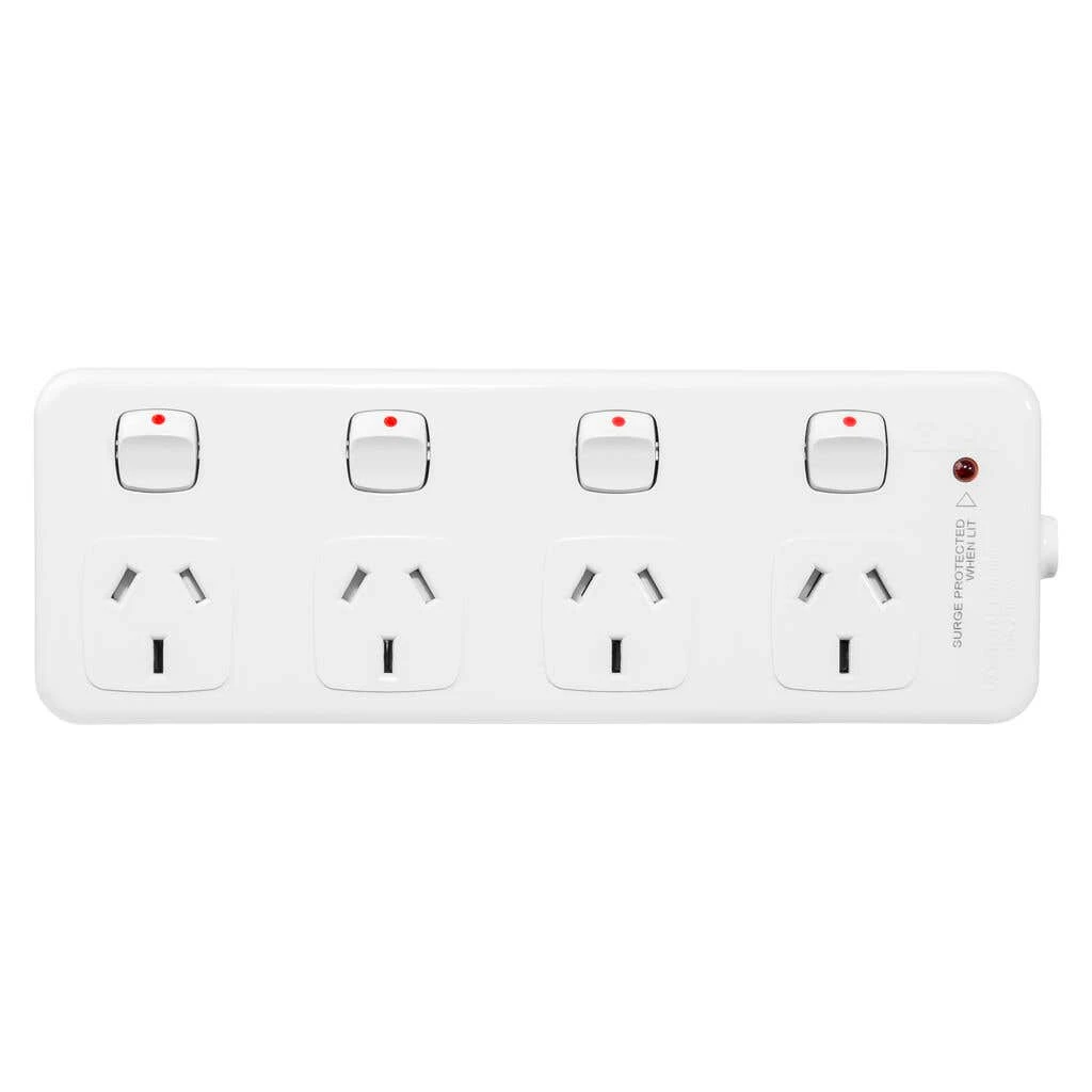 HPM General Purpose 4 Outlet Switched Surge Protected Powerboard White 1 HPM General Purpose 4 Outlet Switched Surge Protected Powerboard White