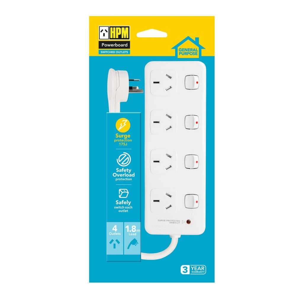 HPM General Purpose 4 Outlet Switched Surge Protected Powerboard White 3 HPM General Purpose 4 Outlet Switched Surge Protected Powerboard White - Image 3