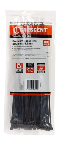 Crescent Cable Ties Black 300mm X 4.8mm - 100 Pack