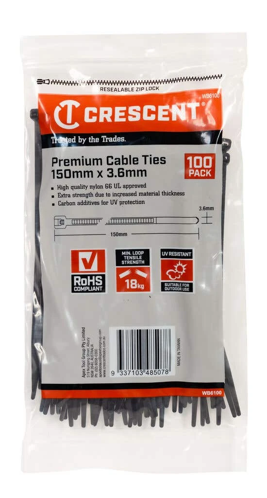 Crescent Cable Ties Black 150 X 3.6mm - 100 Pack 2 Crescent Cable Ties Black 150 X 3.6mm - 100 Pack - Image 2
