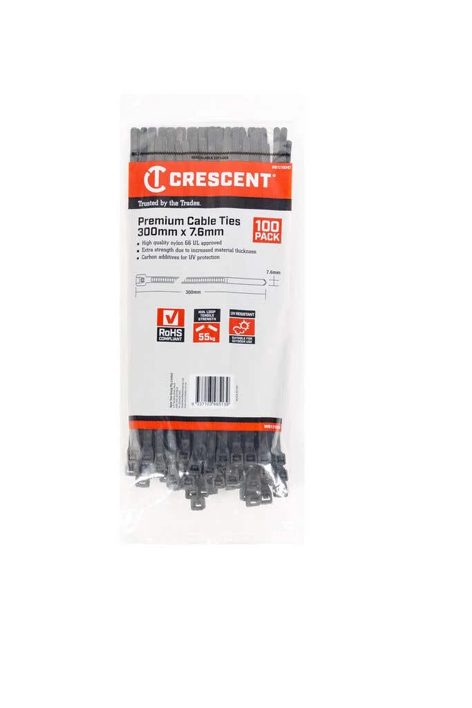 Crescent Cable Ties Black Heavy Duty 300 X 7.6mm - 100 Pack 1 Crescent Cable Ties Black Heavy Duty 300 X 7.6mm - 100 Pack