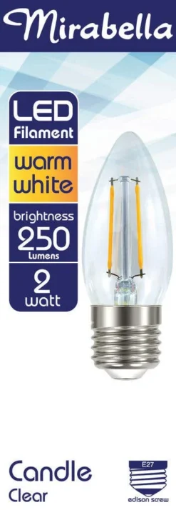 Mirabella LED Globe Filament Candle 2W ES Warm White