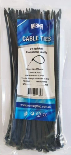 Norma Cable Tie Heavy Black 3.6 X 200mm - 100 Pack