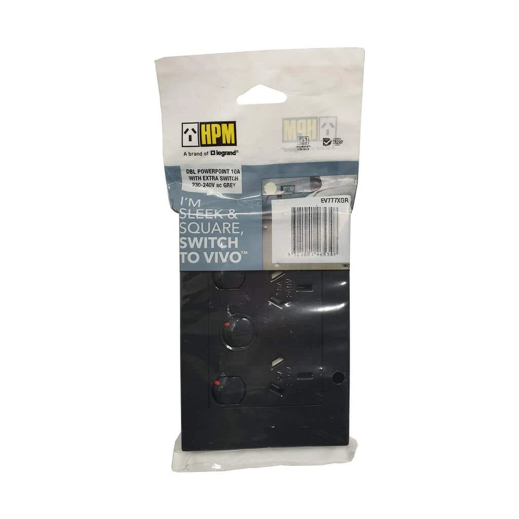 HPM VIVO 10A Horizontal Double Powerpoint With Switch Grey 2 HPM VIVO 10A Horizontal Double Powerpoint With Switch Grey - Image 2