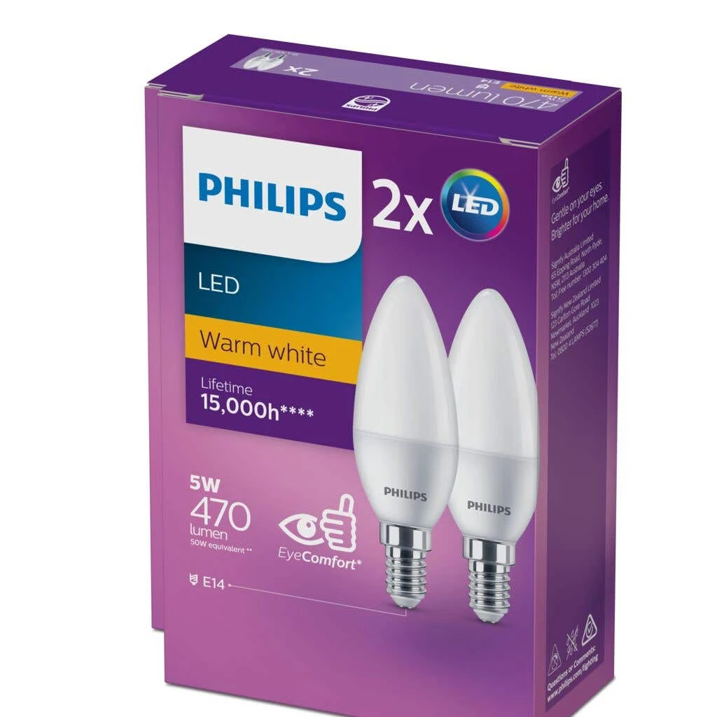 Philips Globe LED Candle 5W SES 470LM Warm White - 2 Pack 1 Philips Globe LED Candle 5W SES 470LM Warm White - 2 Pack