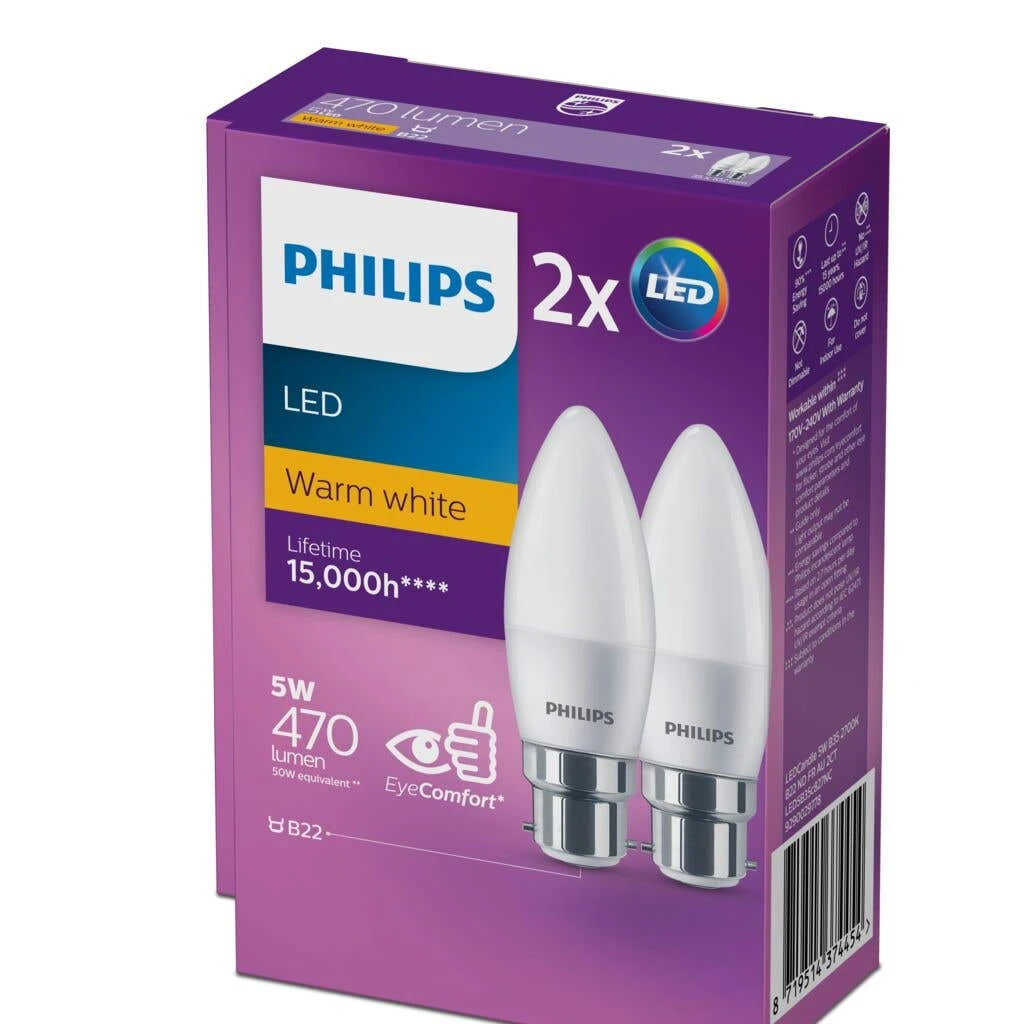 Philips Globe LED Candle 5W BC 470LM Warm White - 2 Pack 1 Philips Globe LED Candle 5W BC 470LM Warm White - 2 Pack