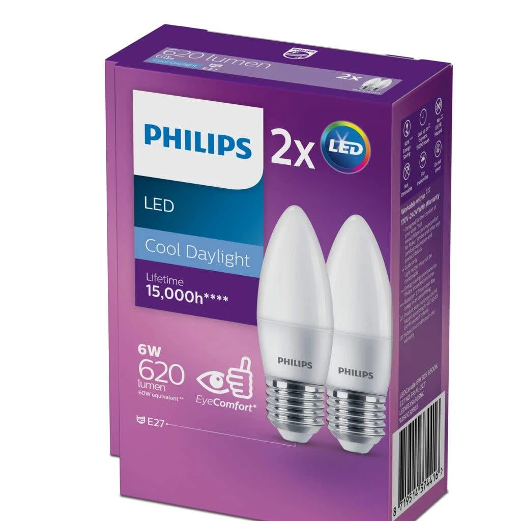 Philips Globe LED Candle 6W ES 620LM Cool Daylight - 2 Pack 1 Philips Globe LED Candle 6W ES 620LM Cool Daylight - 2 Pack