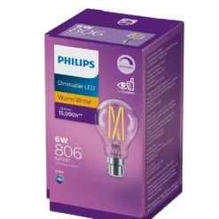 Philips Globe LED Classic Filament A60 6W BC 806LM Dim Warm White