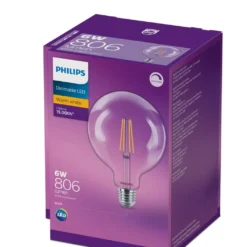 Philips Globe LED Classic Filament G120 6W ES 806LM Dim Warm White
