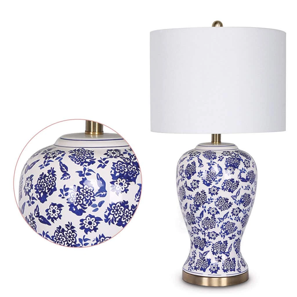 Sarantino Table Lamp Ceramic Floral Base Cotton Drum Shade 4 Sarantino Table Lamp Ceramic Floral Base Cotton Drum Shade - Image 4