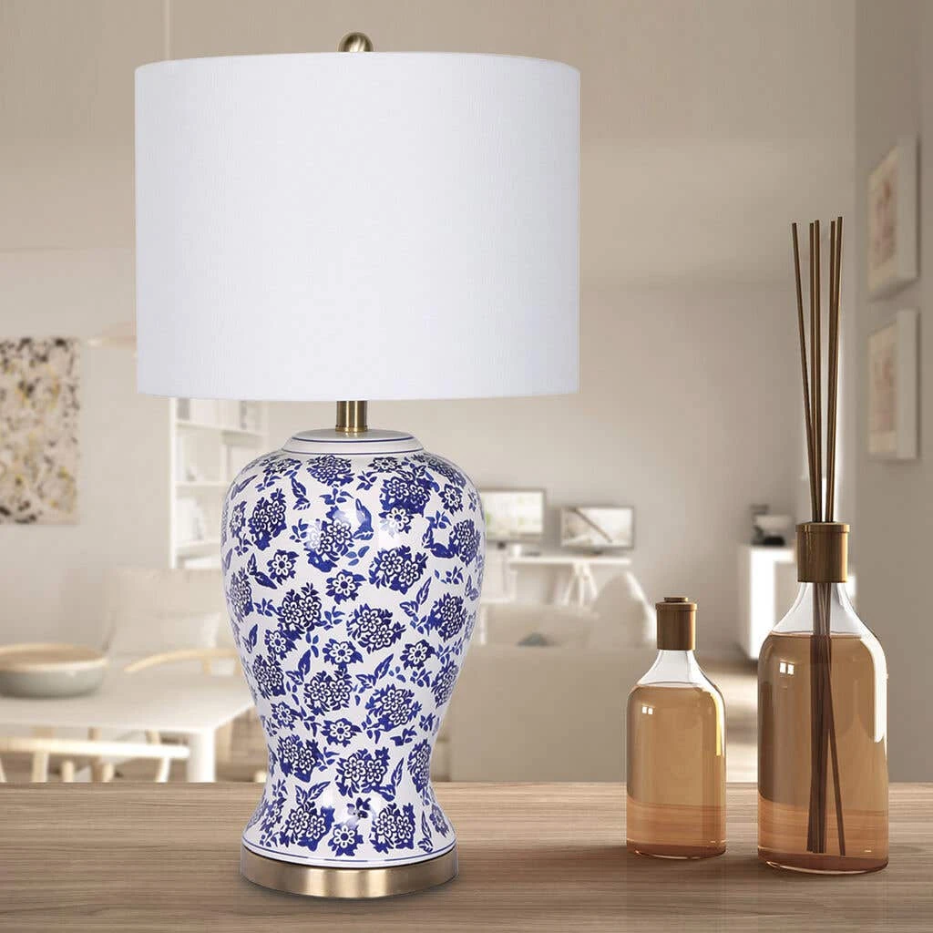 Sarantino Table Lamp Ceramic Floral Base Cotton Drum Shade 5 Sarantino Table Lamp Ceramic Floral Base Cotton Drum Shade - Image 5