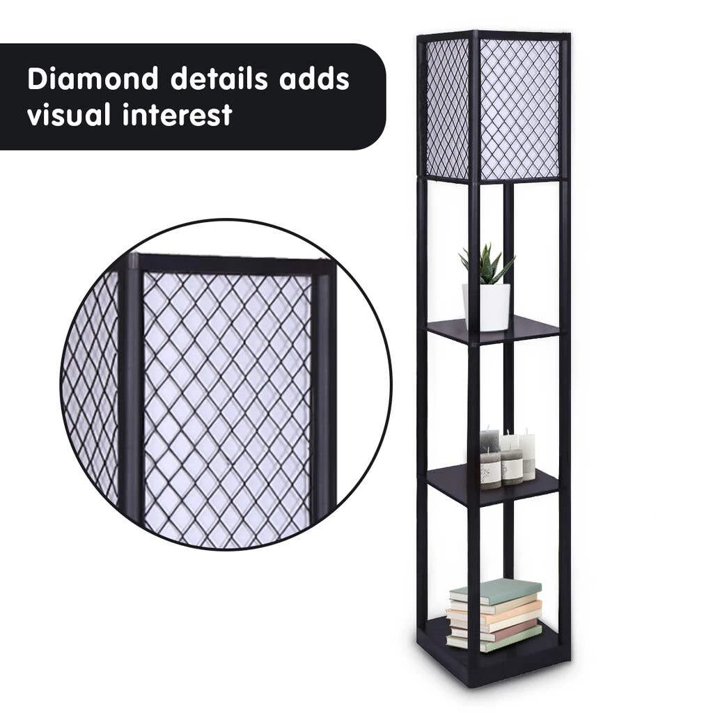 Sarantino Etagere Floor Lamp Diamond Look Fabric Shade Shelves Black 5 Sarantino Etagere Floor Lamp Diamond Look Fabric Shade Shelves Black - Image 5