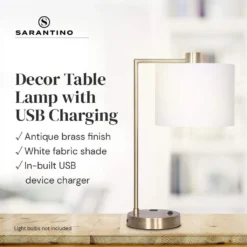 Sarantino Metal Task Lamp With USB Charging Port Antique Brass Finish 15 Sarantino Metal Task Lamp With USB Charging Port Antique Brass Finish -Home Lighting 7015225 7