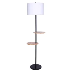 Sarantino Metal Floor Lamp Shade With Black Post In Round Wood Shelves