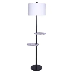 Sarantino Metal Floor Lamp Shade Black Post In Marble Finish Shelves