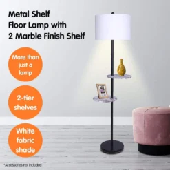 Sarantino Metal Floor Lamp Shade Black Post In Marble Finish Shelves -Home Lighting 7015332 5