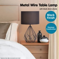 Sarantino Metal Wire Table Lamp In Black Finish With Black Drum Shade 13 Sarantino Metal Wire Table Lamp In Black Finish With Black Drum Shade -Home Lighting 7015407 6