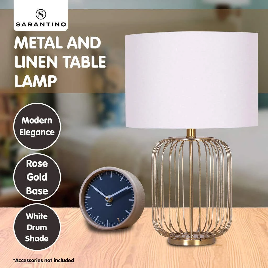 Sarantino Rose Gold Table Lamp With Linen Drum Shade 6 Sarantino Rose Gold Table Lamp With Linen Drum Shade - Image 6